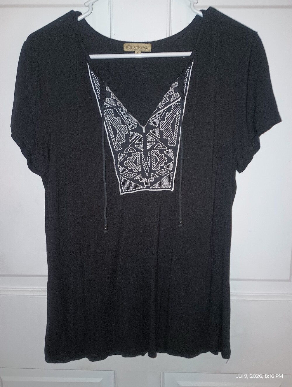 Democracy Black Short Sleeve V-Neck Tee with White Embroidered Panel